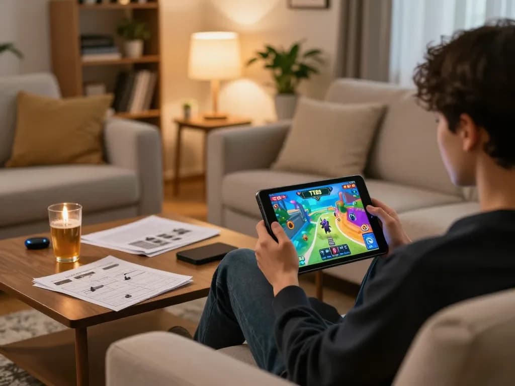 The player enjoys the game TT88 on a tablet at home, surrounded by strategy notes and drinks.
