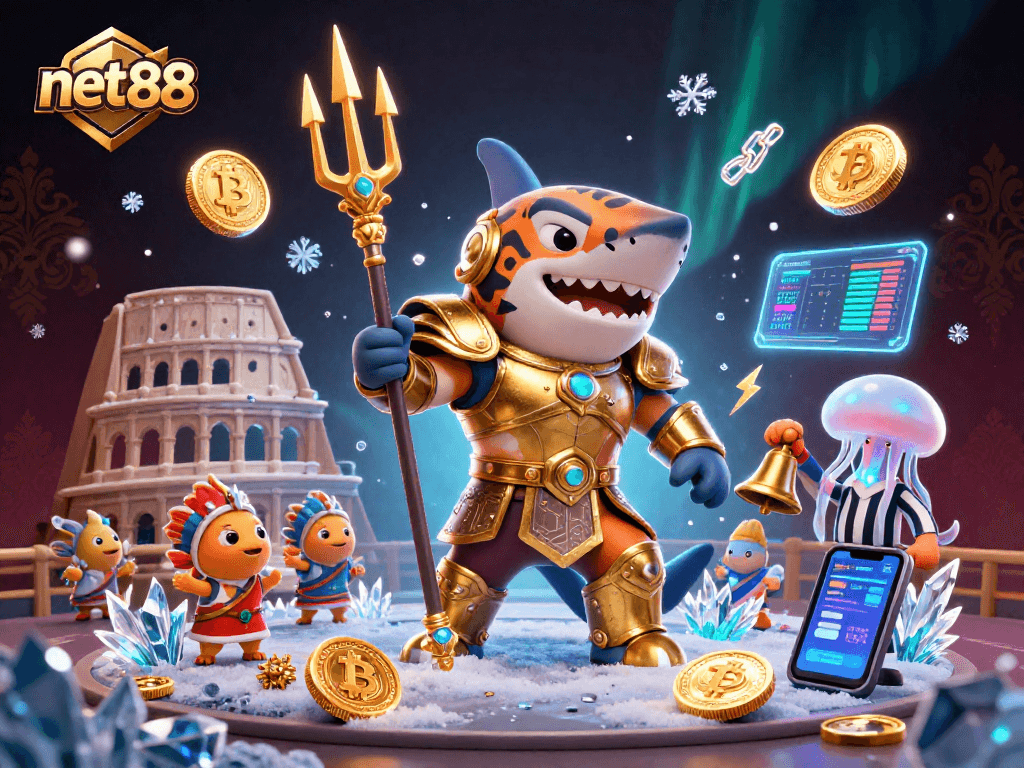 Engage with net88 in a vivid underwater casino scene filled with crypto treasures and animated action.