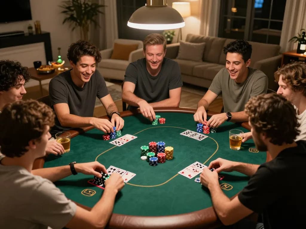 Friends enjoying poker night at home with lively interaction, showcasing nhà cái bet88 gaming experience