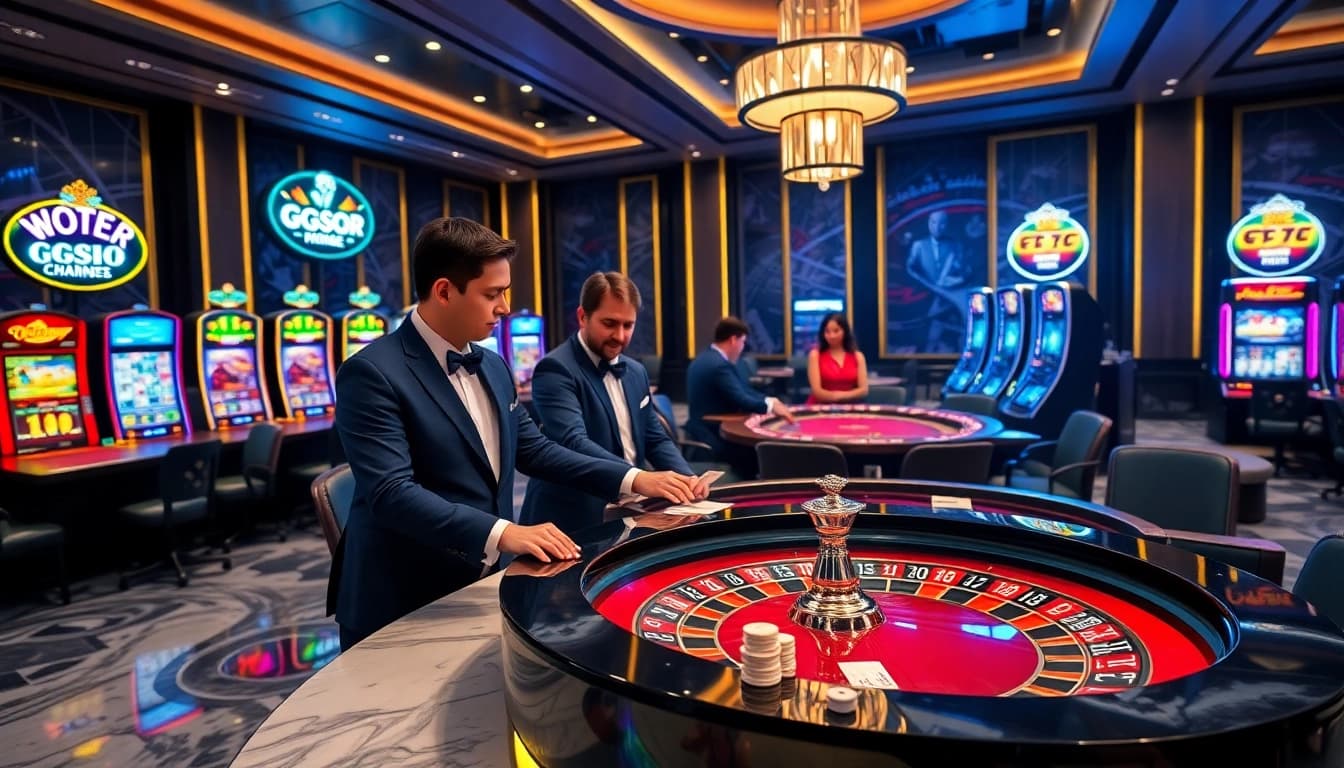Exciting gaming action at https://gg88.to/ with players engaged at a roulette table and poker game.