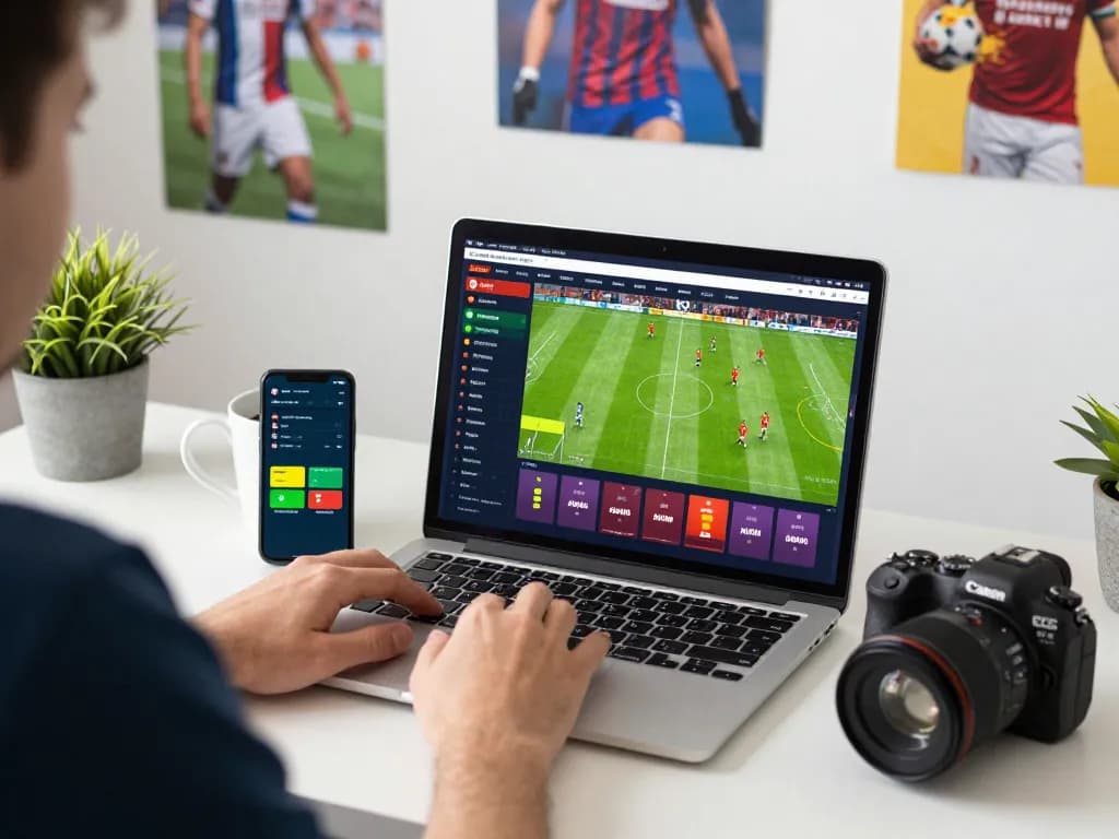 Engaging sports betting scene featuring user analyzing kèo nhà cái on a laptop with vibrant visuals