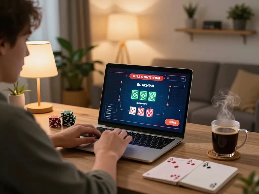 Luck8 user playing poker online with a cozy home setup and strategic notes.
