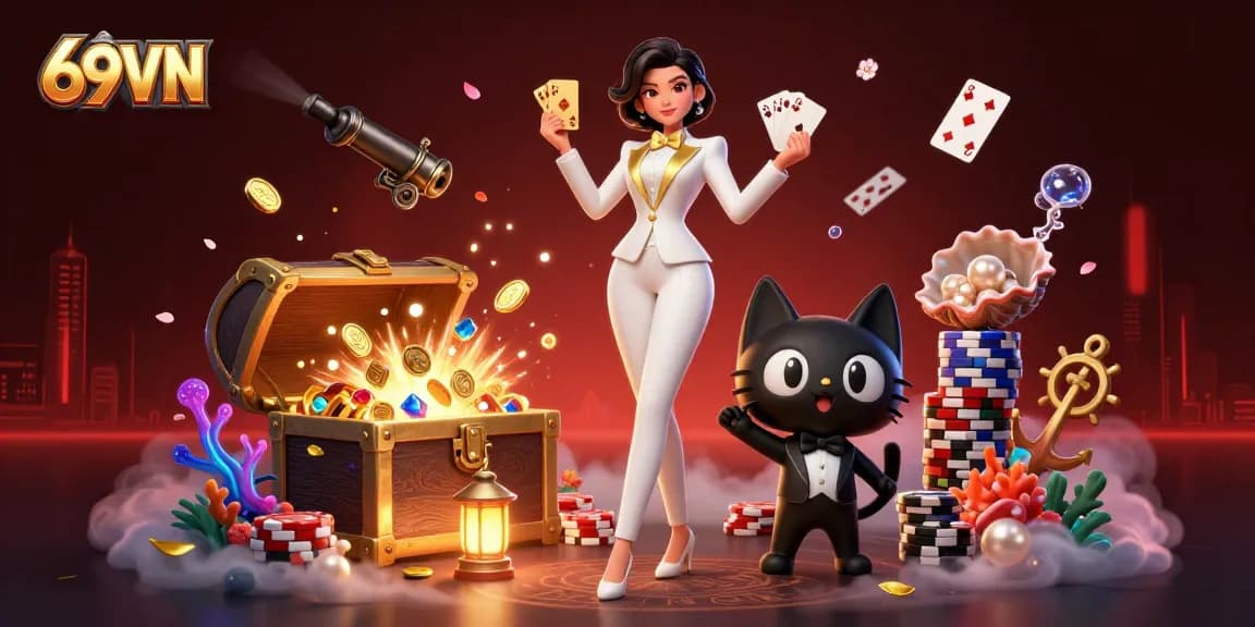 Engage with 69VN's exciting gaming scene featuring a glamorous dealer and a fun black cat.