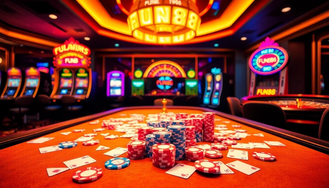 Experience the excitement of gambling at a FUN88-themed casino with vibrant tables and slots.