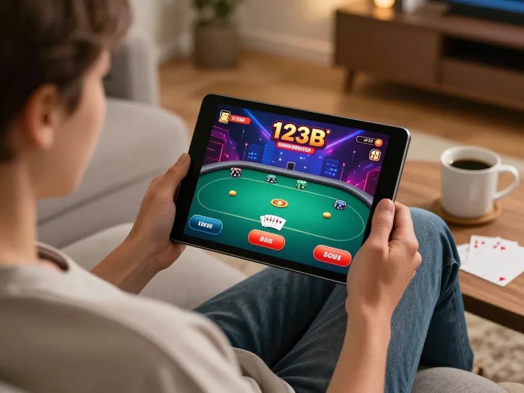 Engaging player enjoying poker on 123B online casino app in cozy home environment