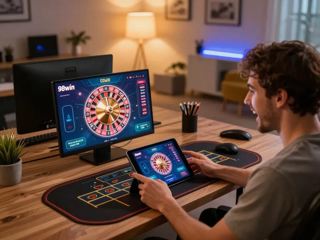 Player engaged with 98win app showing roulette action in a warm home office, exemplifying online gambling excitement