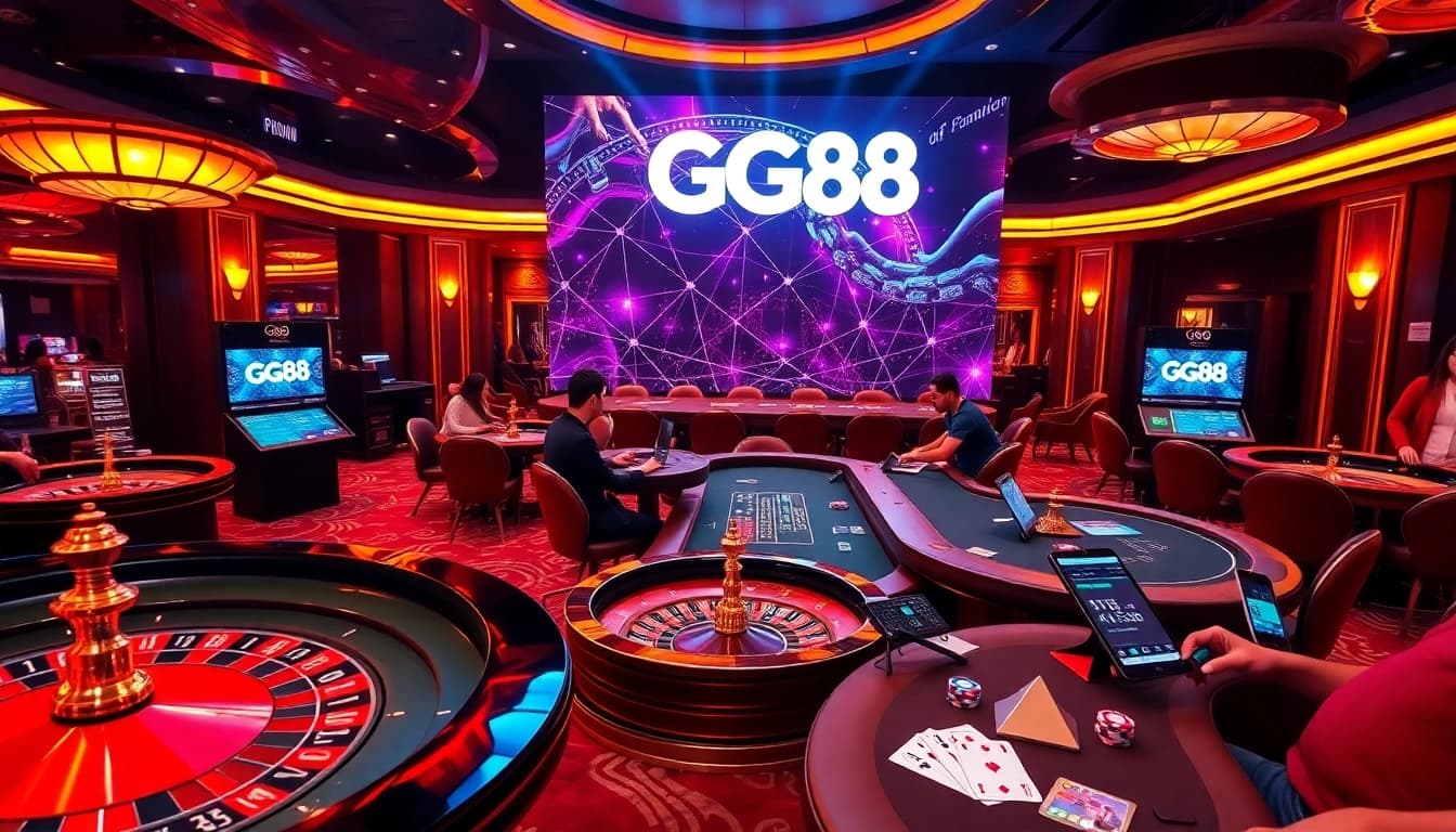 Excited players engaging with GG88 gaming platform in luxurious casino environment.