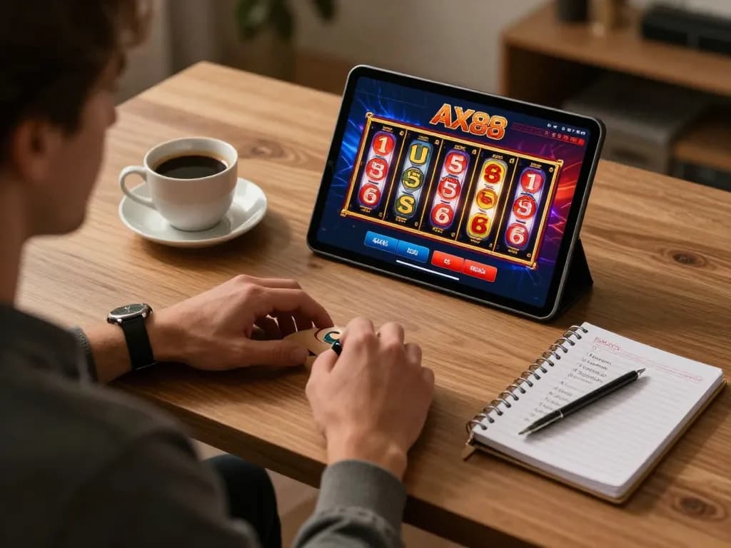 Player engaging with AX88 app on tablet, displaying vibrant slot game interface and betting options.