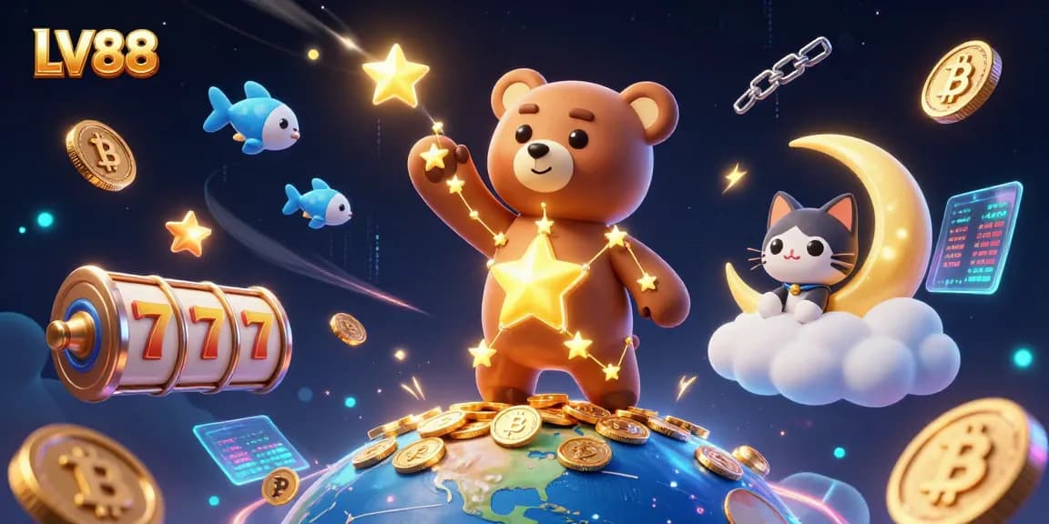 Play and win at LV88 with vibrant gaming elements, including golden stars and crypto coins.