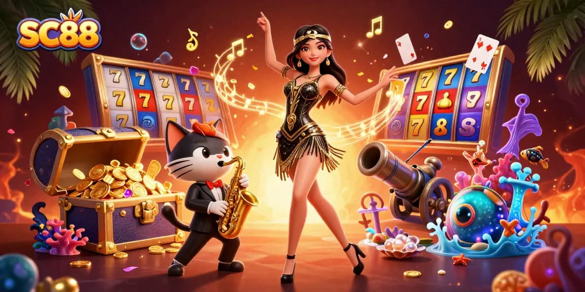 Experience SC88 excitement with dynamic slot reels and vivid casino characters in a vibrant scene.