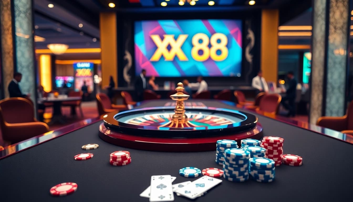 Experience the thrill of winning at XX 88 with a vibrant casino table showcasing poker chips and roulette.