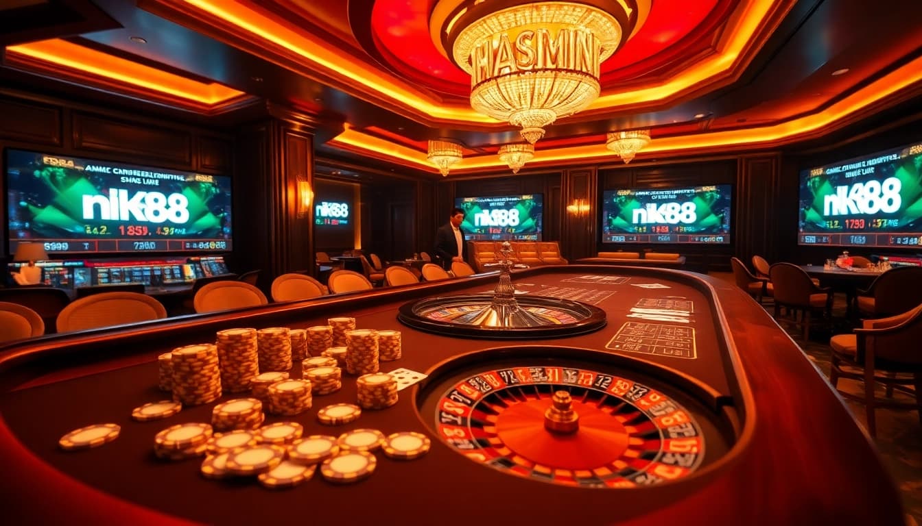 Experience the thrill of nk88 with a vibrant casino table showcasing exciting gambling elements under luxurious lighting.