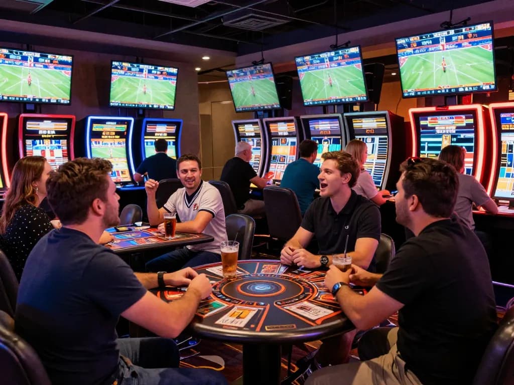 Tỷ lệ kèo nhà cái hôm nay showcased in a vibrant sports betting lounge with patrons engaged.