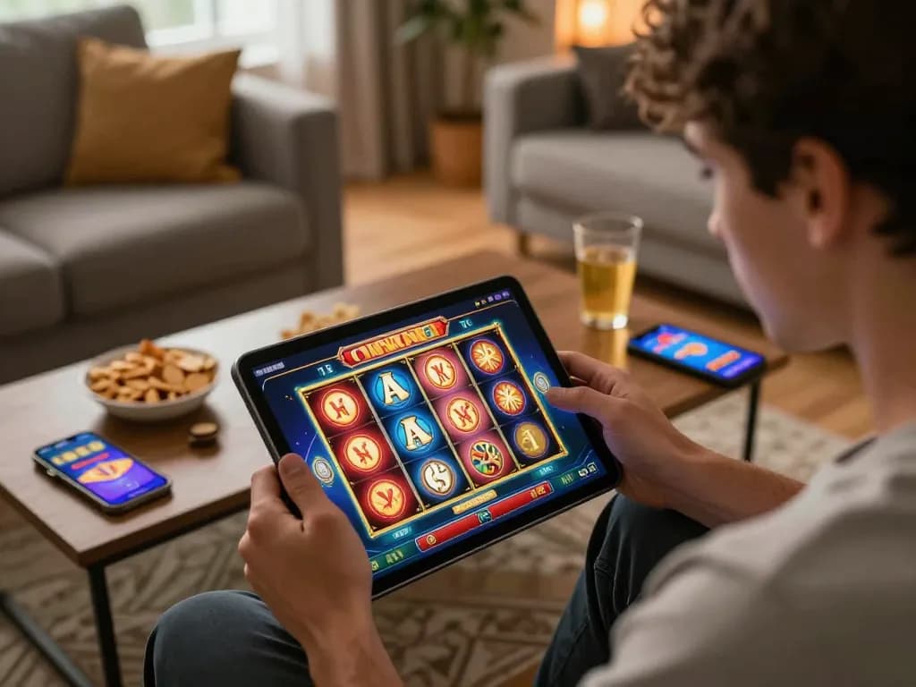 Pucuk138 players engaging with dynamic online slots on a tablet in a cozy living room.