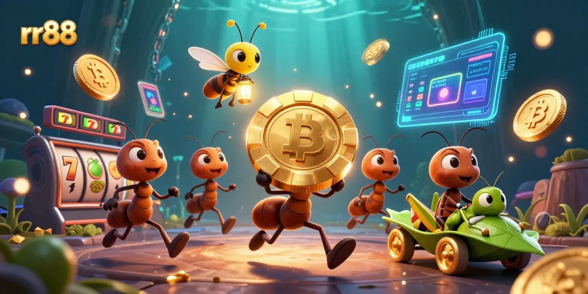 Experience the thrill of rr88’s casino adventure with ants carrying a giant poker chip amidst vibrant gaming elements