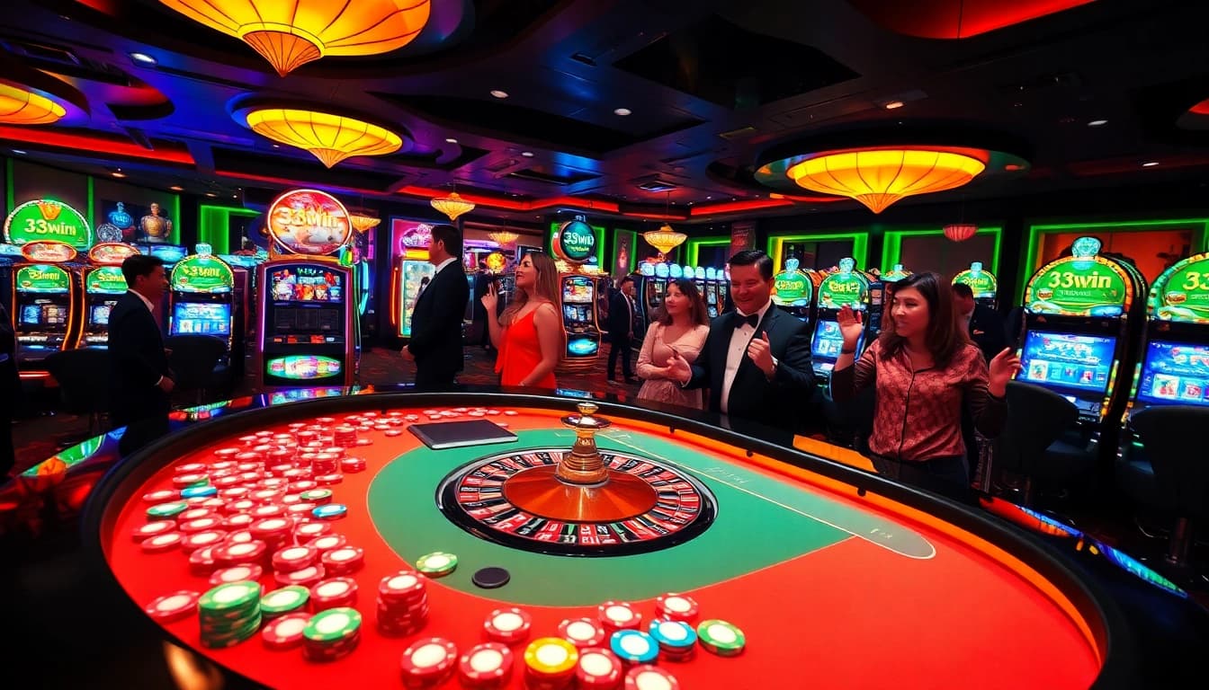 Exciting casino scene showcasing 33win with vibrant gaming tables and sparkling slot machines.