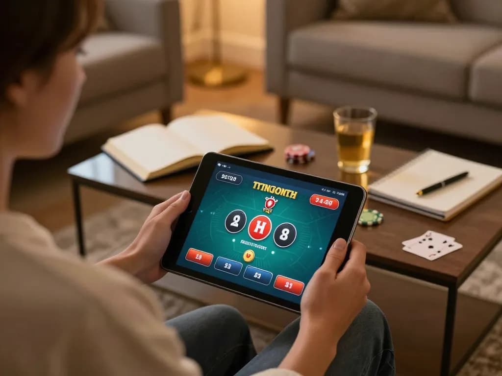 Person using fun79 com on tablet, immersed in poker gameplay with a cozy setup.