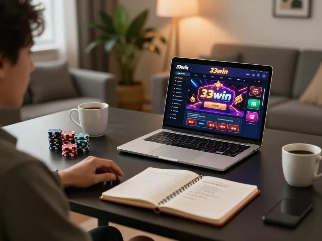 Player enjoying online casino games on 33win platform with strategies laid out.