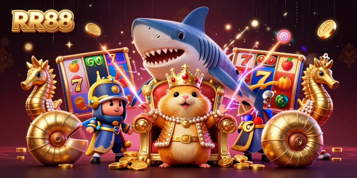 Experience RR88's thrilling jackpots with dynamic gaming elements featuring a golden hamster king and seahorse guards.
