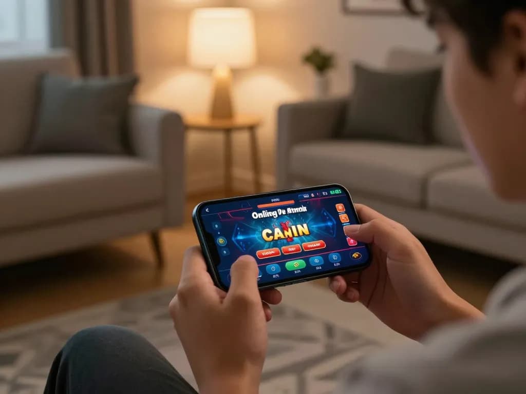 Player engaging with the thương hiệu jun88 app on a mobile device in a cozy living room setting.