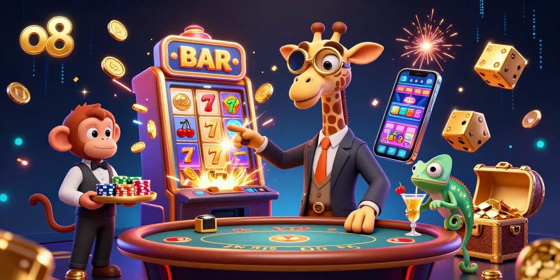 Win big at o8 with a vibrant and dynamic casino scene featuring a high-roller giraffe and jackpot thrills.