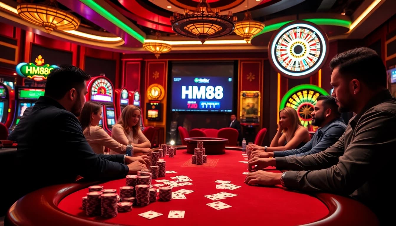 Experience excitement at HM88 with vibrant casino games, poker chips, and roulette wheels.