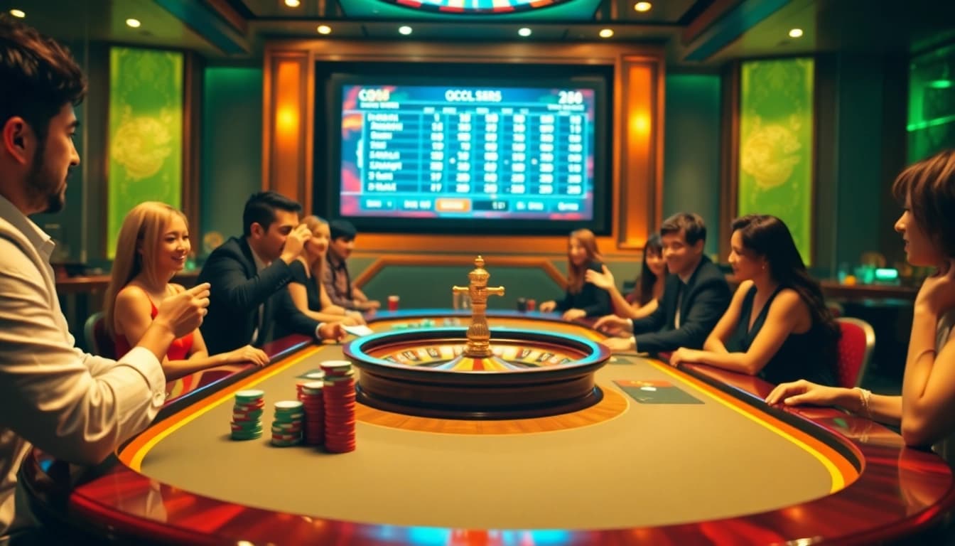 Players enjoying QQ88 Social at a luxurious casino poker table, capturing the thrill of gambling.