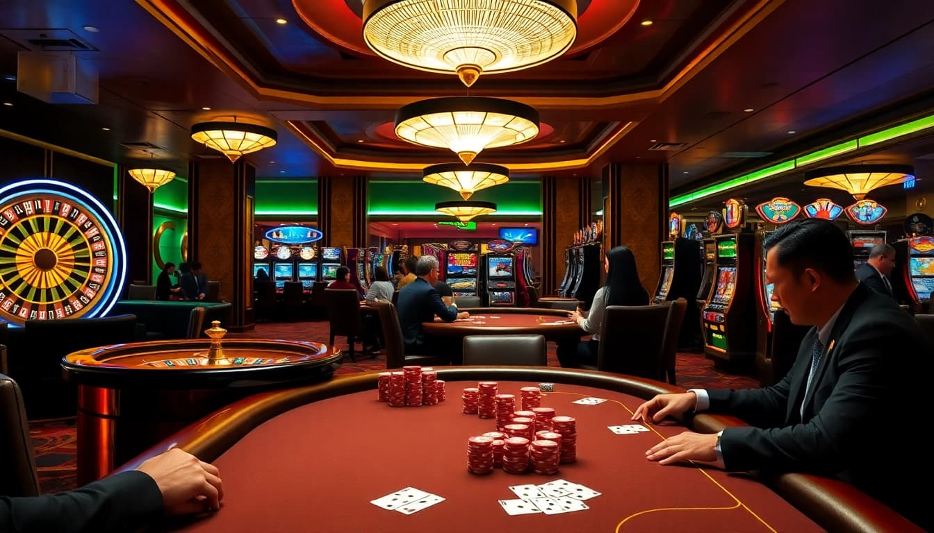Players experiencing high-stakes gambling at KP88's luxurious casino tables.