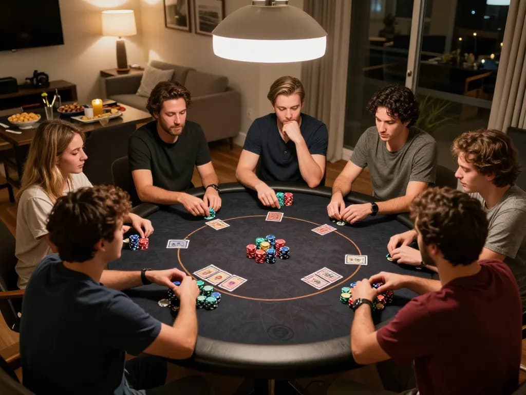 Players strategizing in a home poker game, showcasing a lively bl555 night.