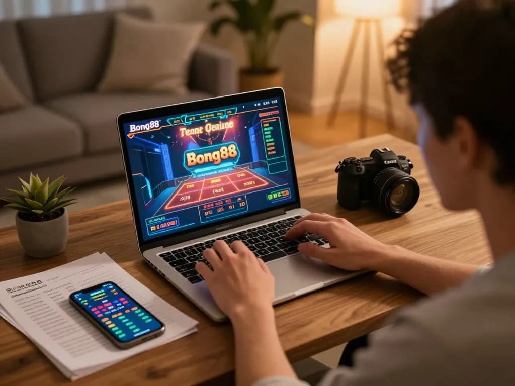Bong88 online gaming scene with player engaged in casino game on laptop, showcasing strategy notes nearby.