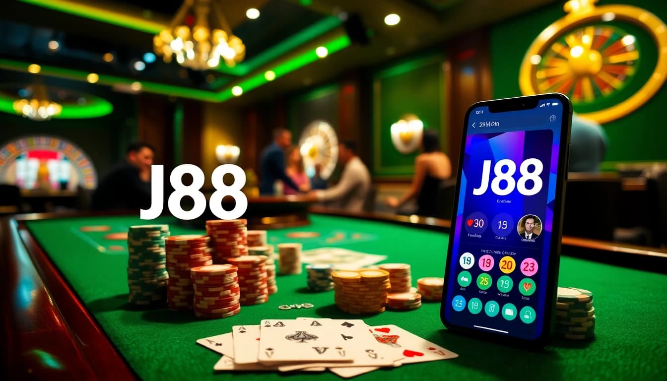 Players enjoy an exhilarating gaming experience at J88 casino with vibrant poker chips and cards.