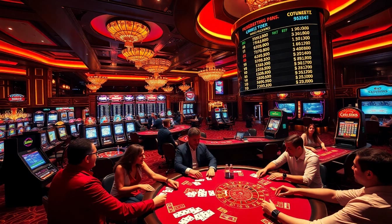 okfun casino players enjoying high-stakes games at an opulent casino floor