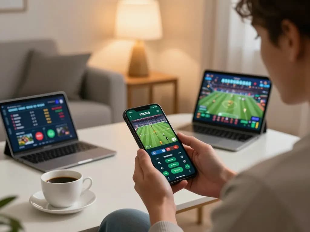 Players enjoying sports betting on Hitclub mobile app in a cozy home setting.