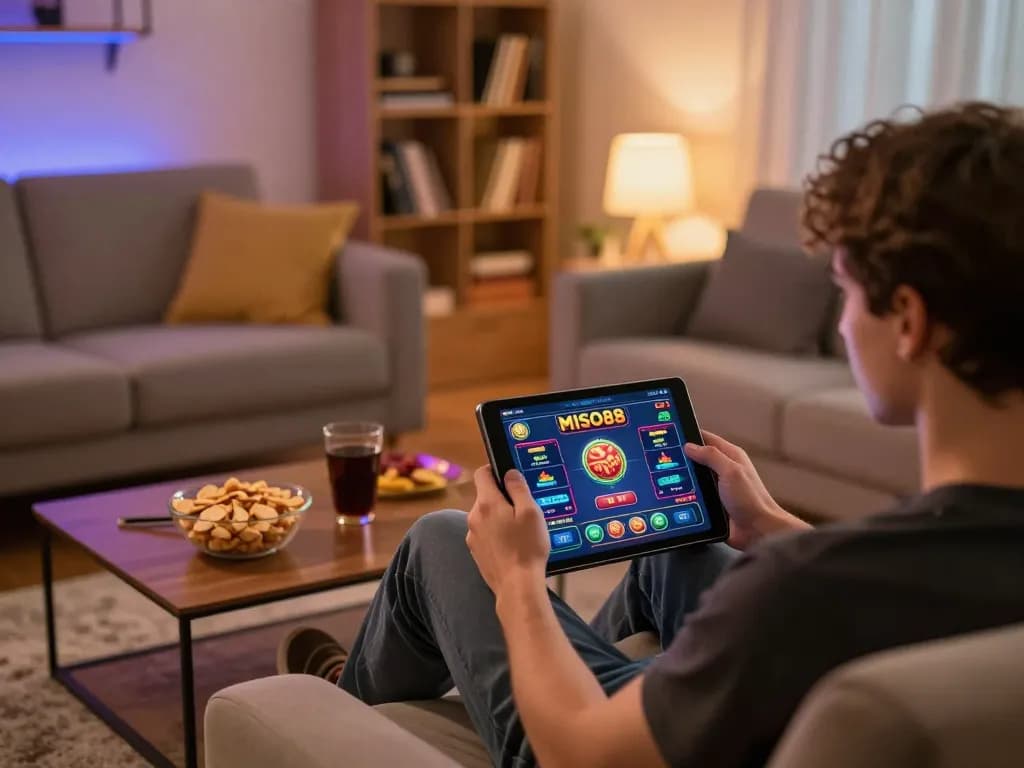 MISO88 online gaming experience in a cozy living room with tablet gameplay and snacks.