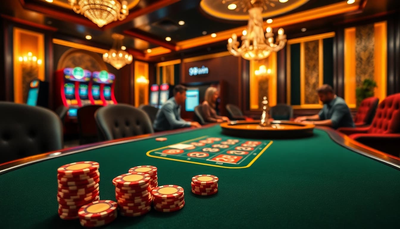 Experience the thrill of high-stakes poker at 98win casino, with vibrant chips and a roulette wheel.