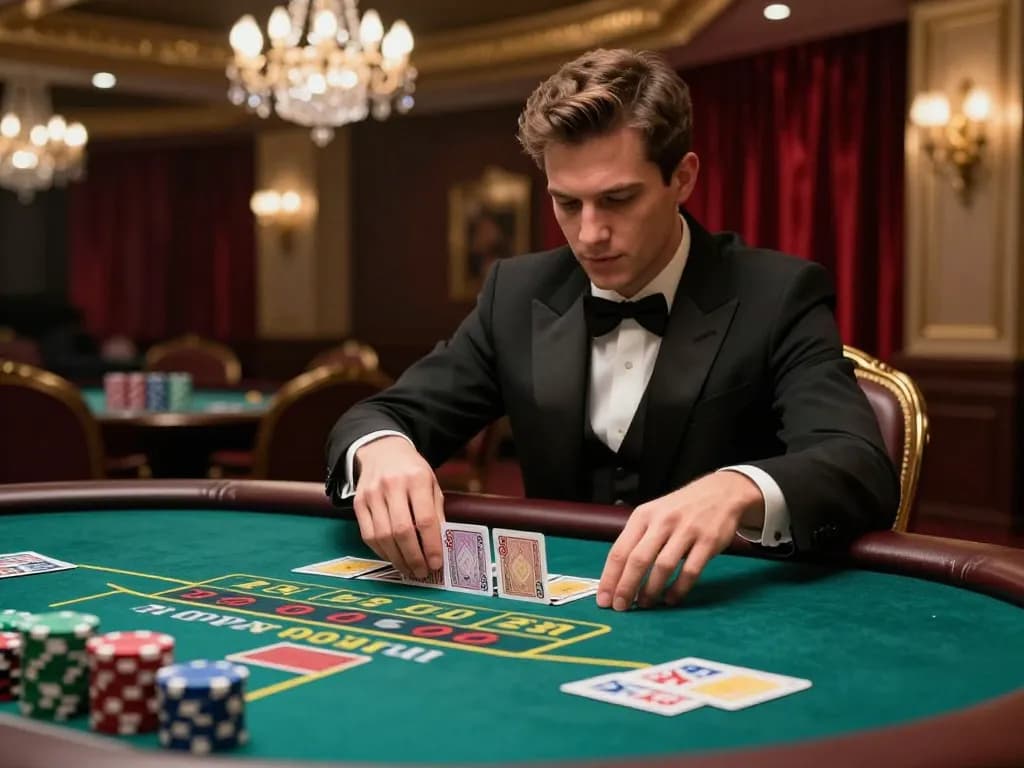 Player analyzing cards at baccarat table with chips from https://du88.autos/ in elegant casino setting, showcasing strategic gameplay.