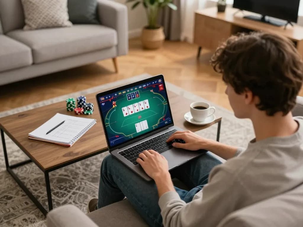 Tỷ lệ kèo nhà cái 5 active online poker session setup with laptop displaying vibrant game interface.