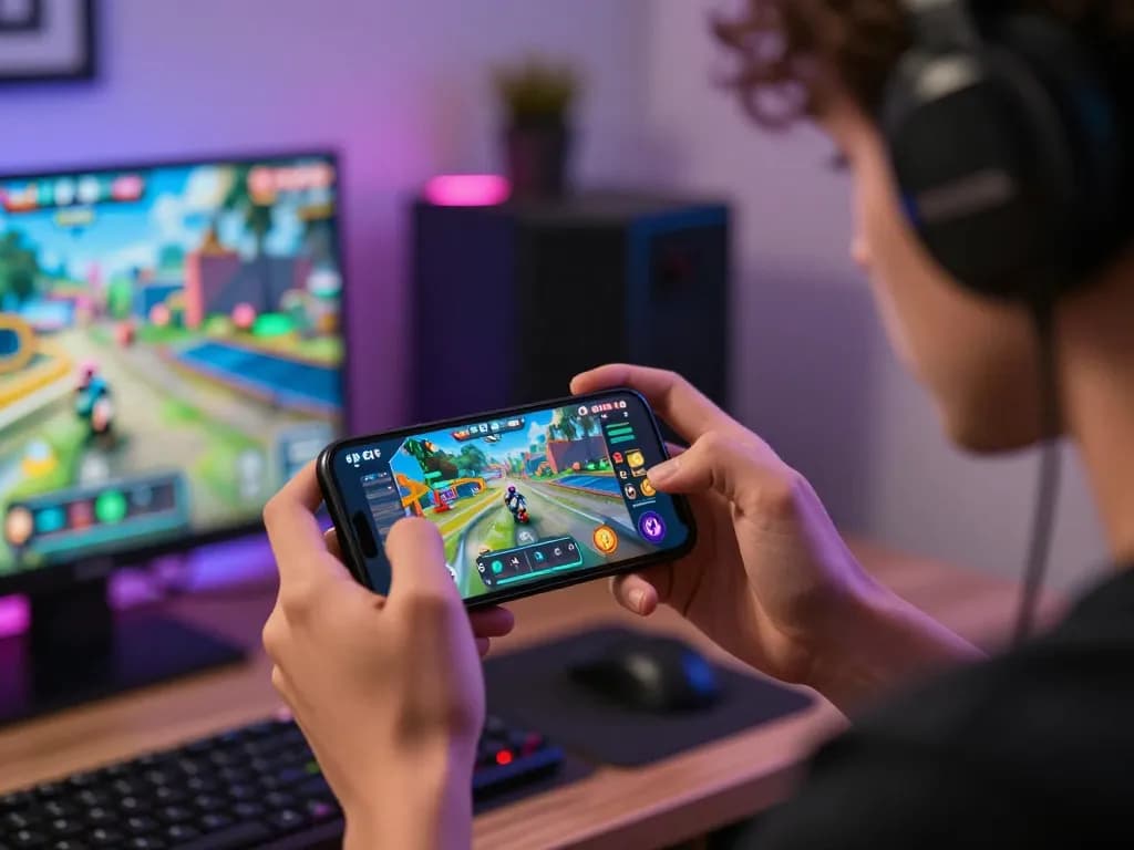 Engaging scene of a player tải game b52club on smartphone amidst vibrant gaming graphics in urban apartment.