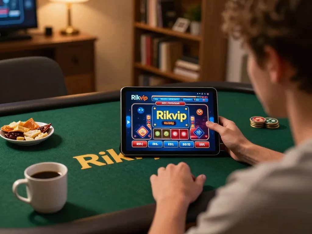 Engaging with Rikvip online casino on a tablet at home, depicting strategic gameplay.