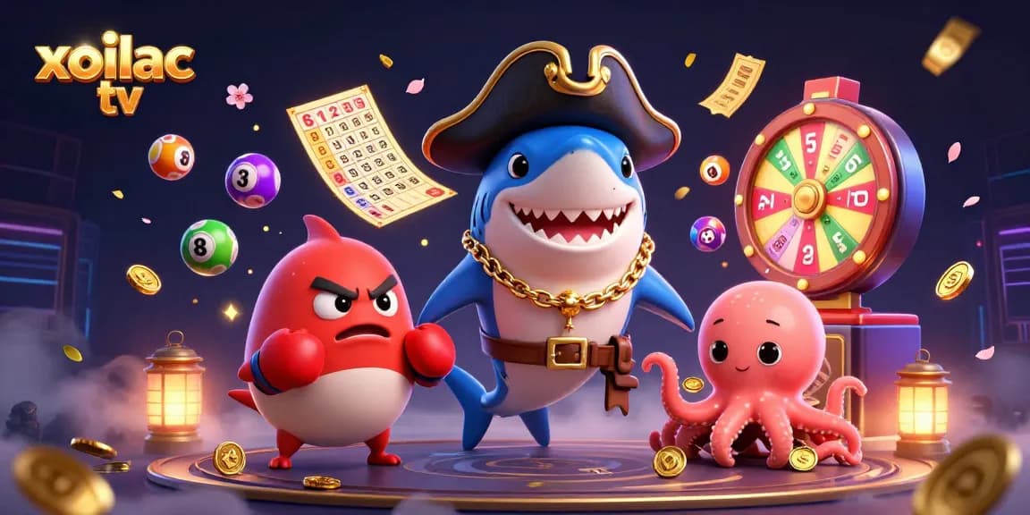 Xoilac TV showcases an engaging, colorful 3D scene of cartoon characters enjoying a lively gambling experience.