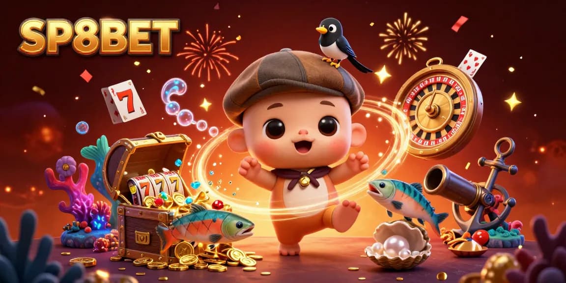 Experience the vibrant world of SP8BET with playful characters and dynamic casino elements.