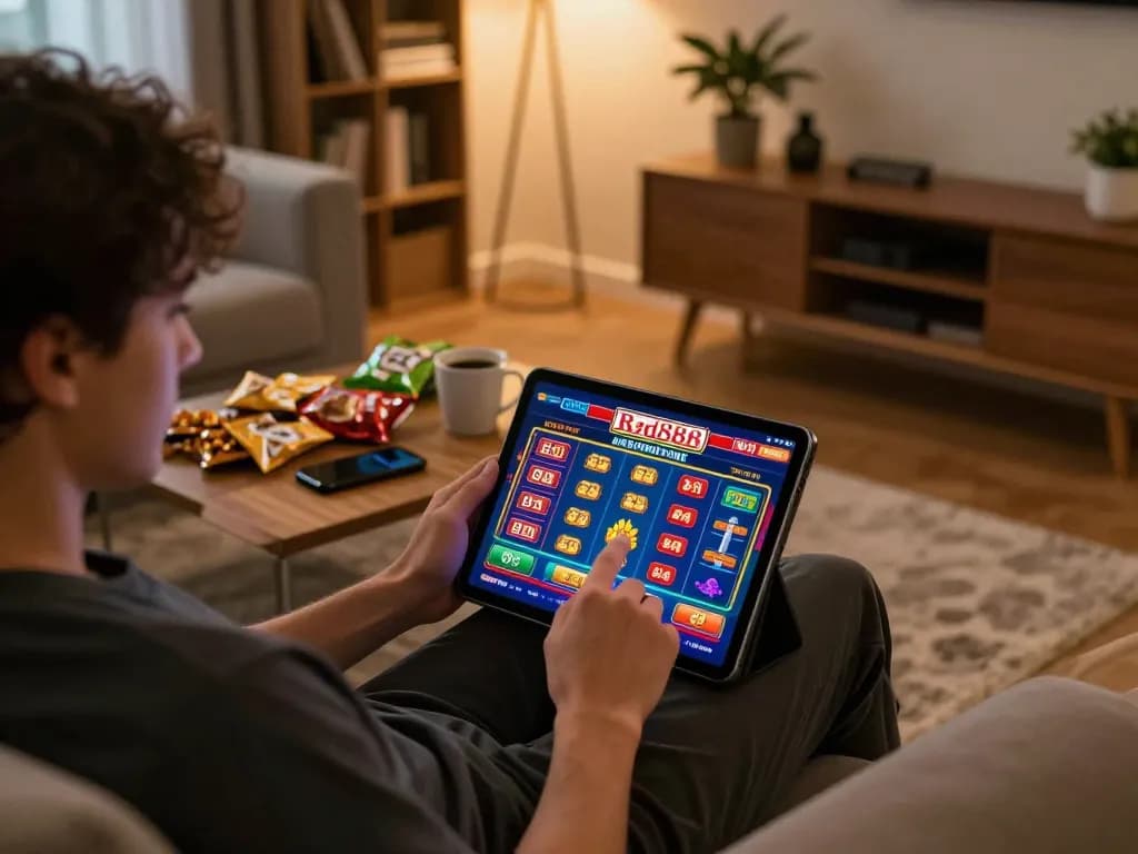 Engaging scene of online gaming at red888 with a player focused on tablet, showcasing a cozy atmosphere.
