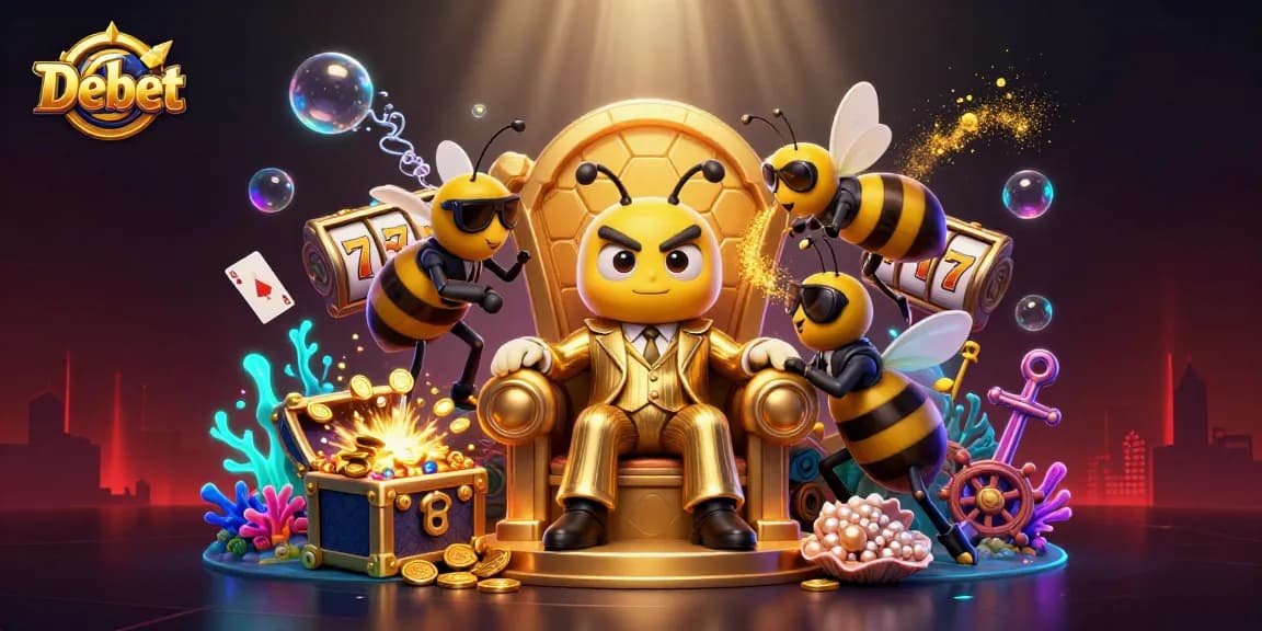Debet showcases a lively 3D casino scene with a bumblebee mob boss and immersive slot elements.