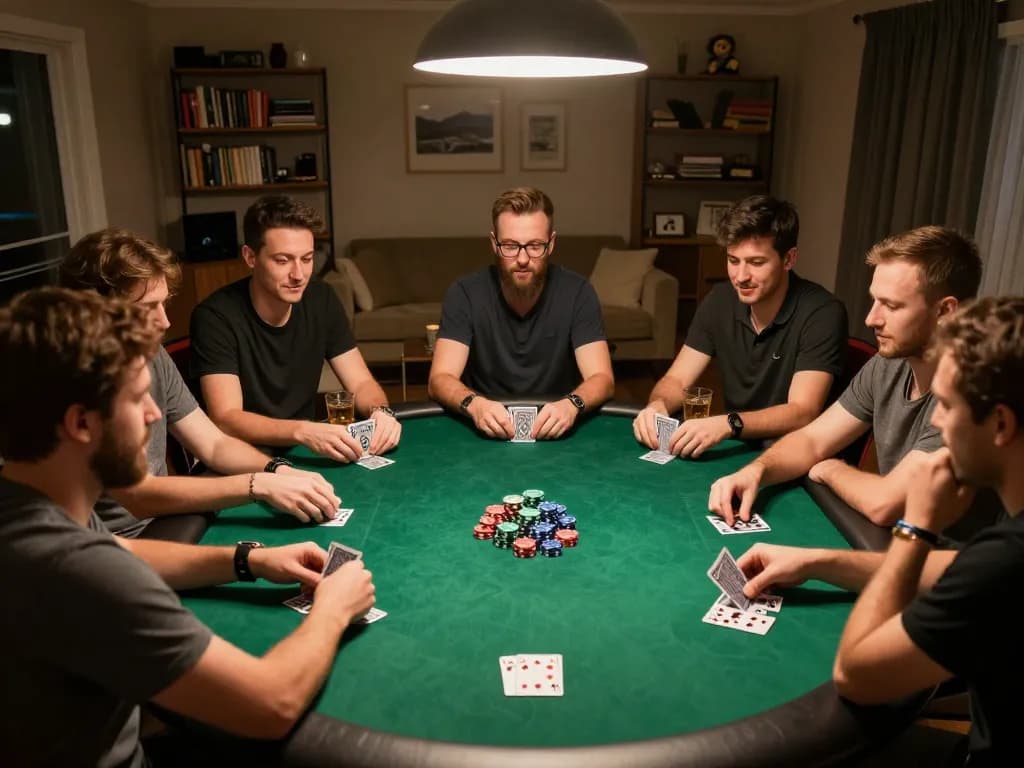 Vua99 poker players engaged in an exciting home game, showcasing chips and cards during a friendly night.