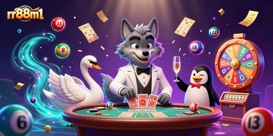 Engage with the rr88m1 casino experience featuring a debonair wolf, an elegant swan, and a penguin sommelier.