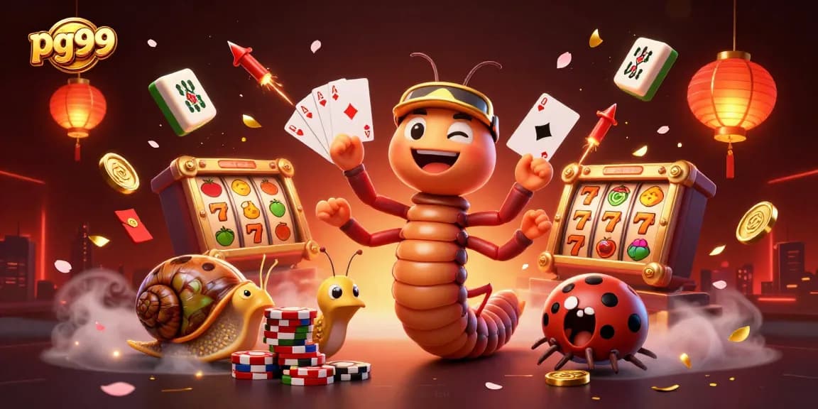 Experience thrilling gameplay at pg99 with a vibrant 3D scene of a millipede dealer, high-roller snail, and engaging slot elements.