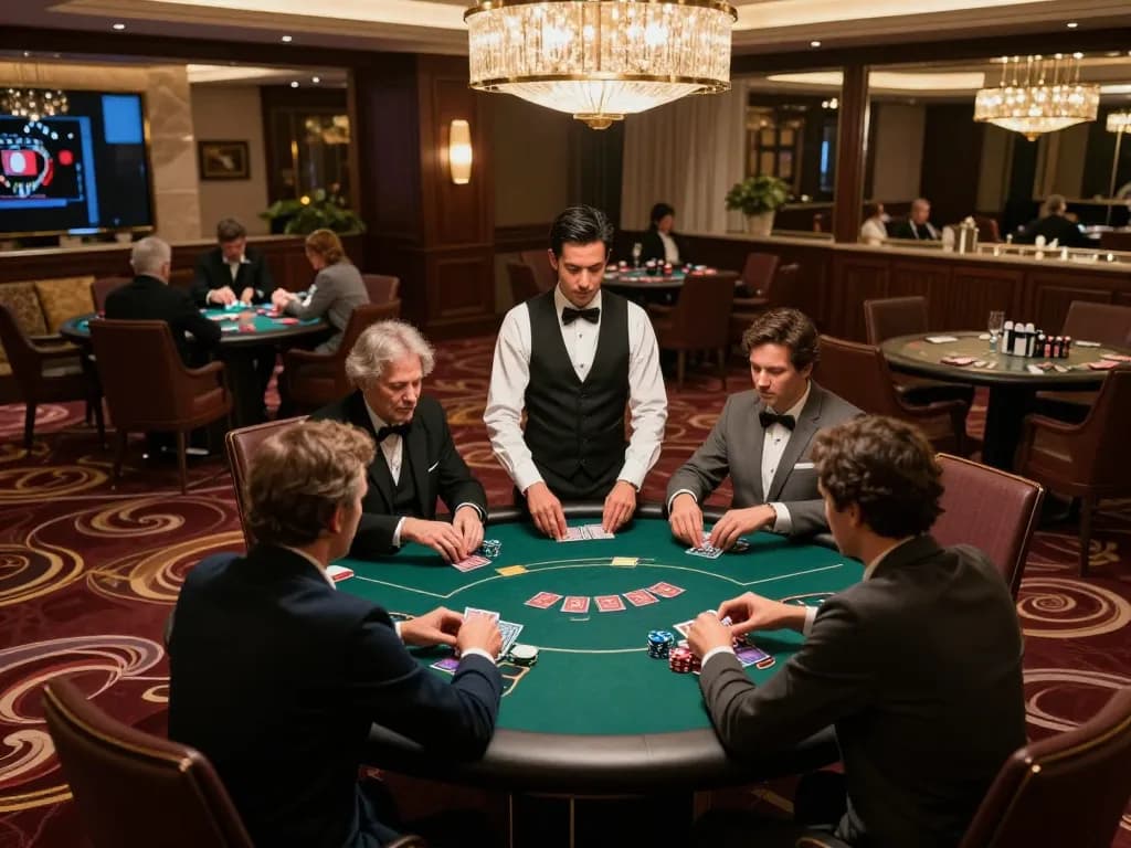 Players engaging in a high-stakes poker game at God55's luxurious casino.