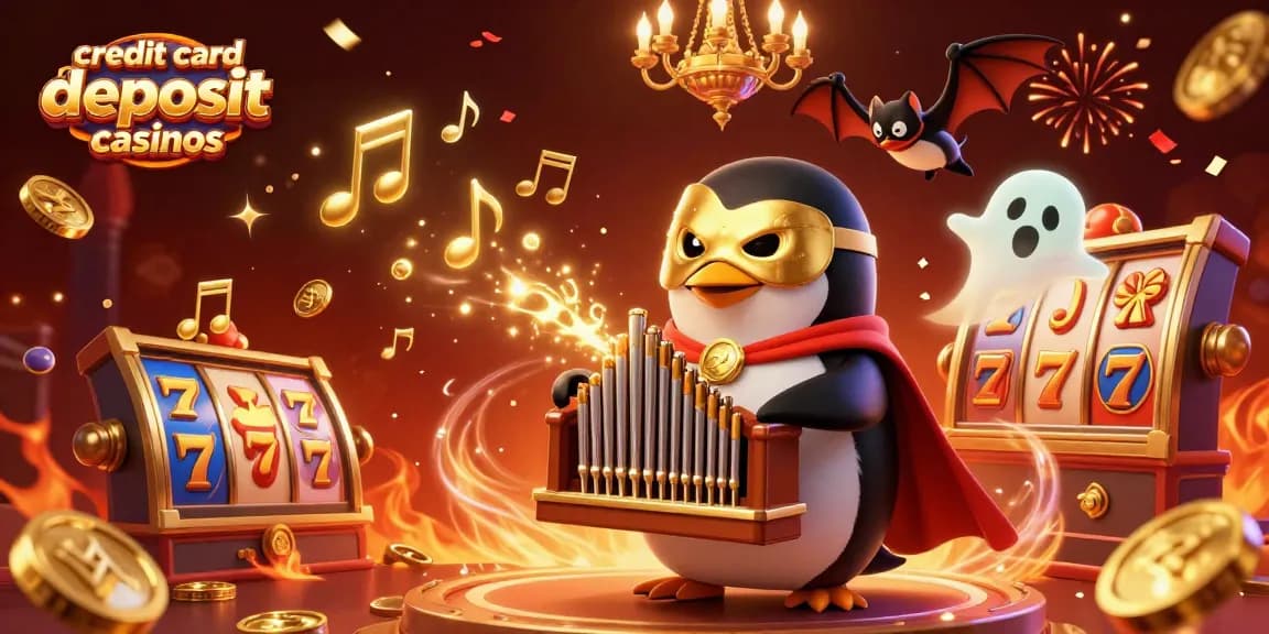 Experience the excitement and fun of credit card deposit casinos through vibrant digital illustrations featuring slot reels and a whimsical scene.