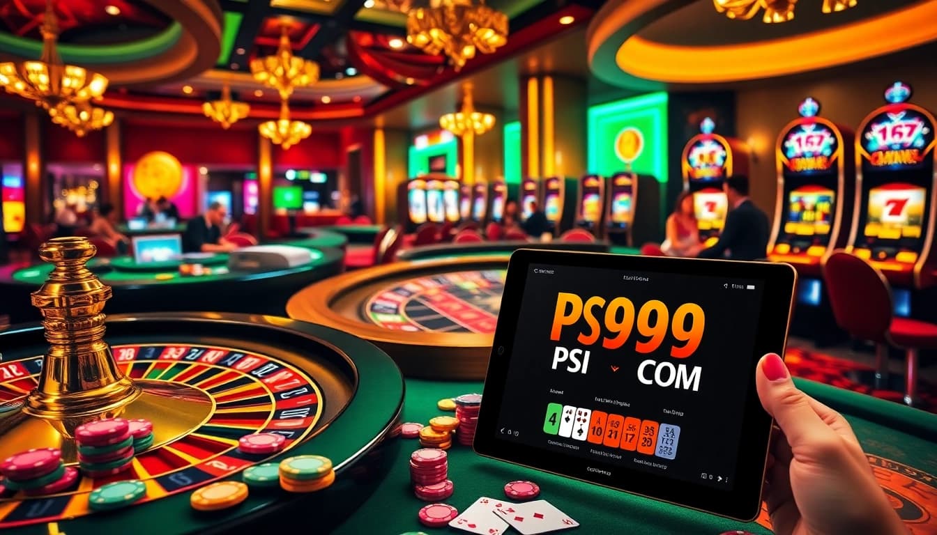 Engaging gaming scene with roulette and slot machines at PS99 COM casino.