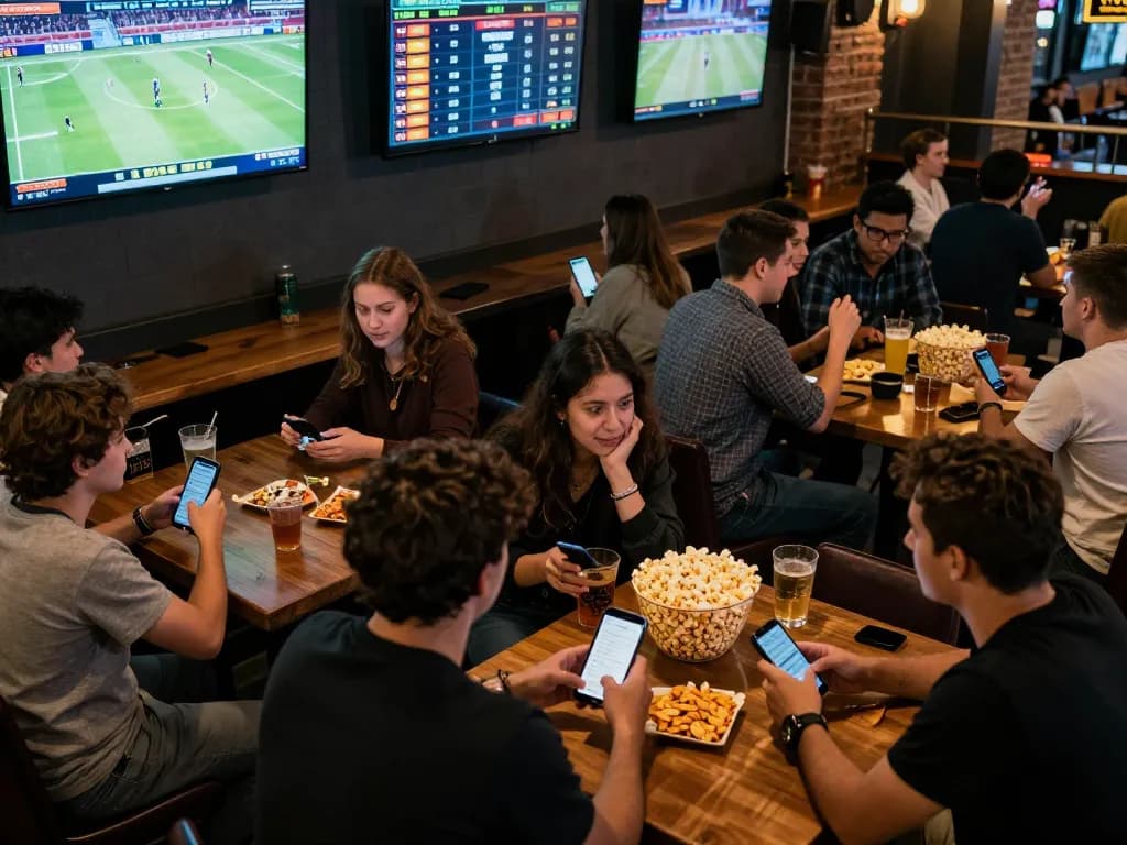Engaged fans analyzing การวิเคราะห์ฟุตบอล while placing bets in a vibrant sports betting environment
